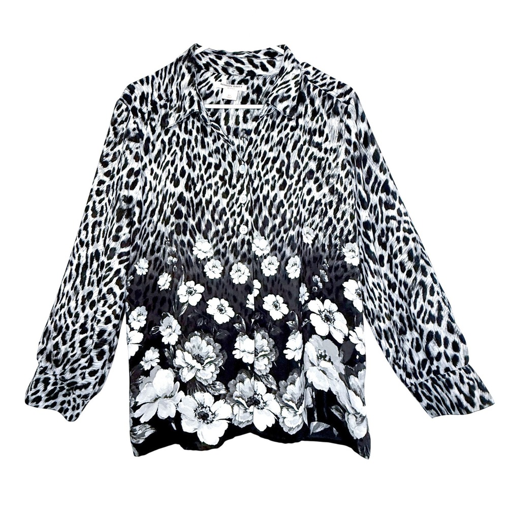 Allison Daley Petites PL Black White Leopard Floral Button Down Blouse
